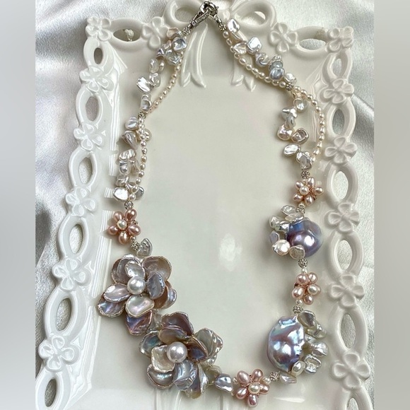 N290-Premium RARE Natural Blue Petal Pearl Blue Flameball Pearl Flower Necklace - Picture 8 of 16